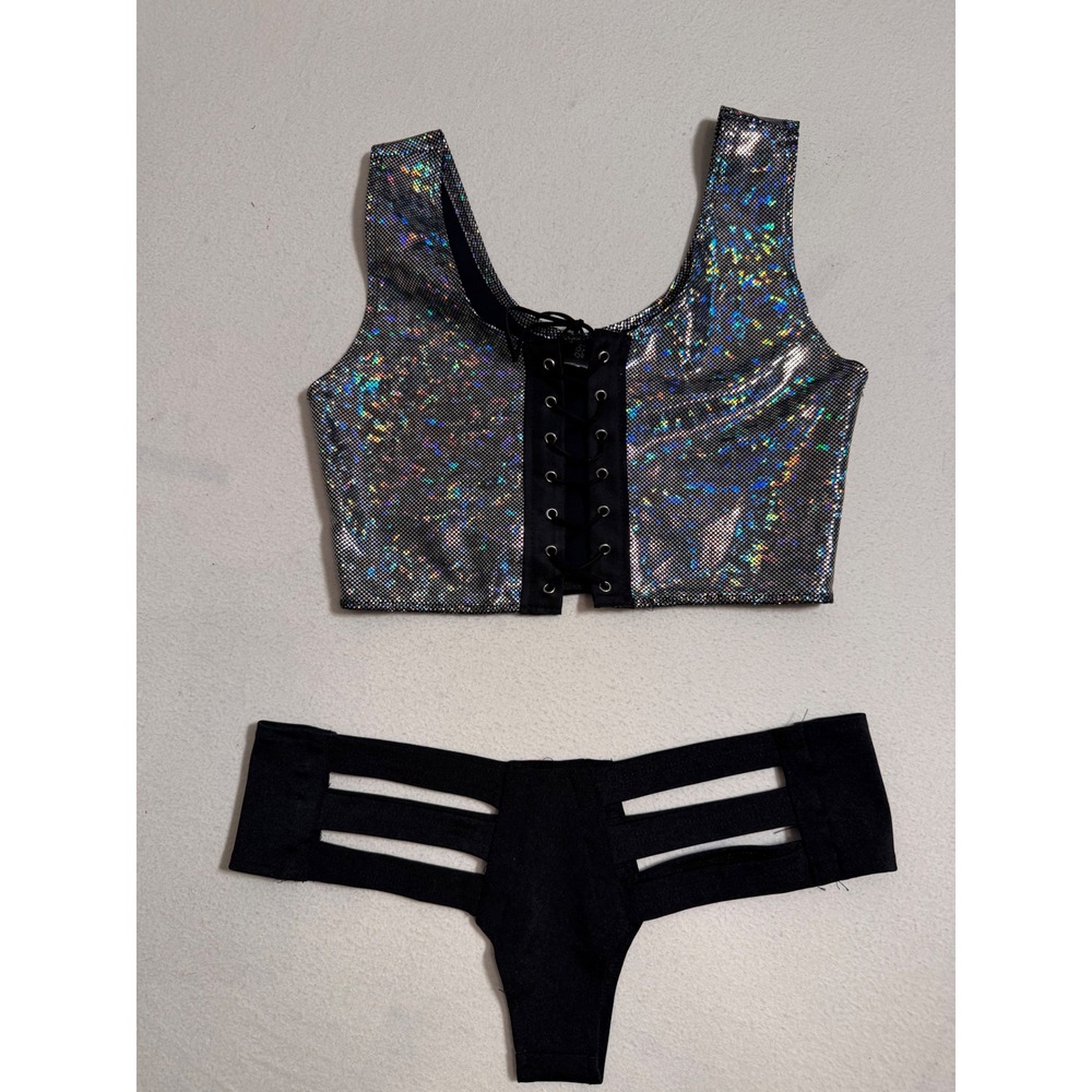 Little Black Diamond Holographic Silver Lace Up Crop Top and Cutout Bottoms Set